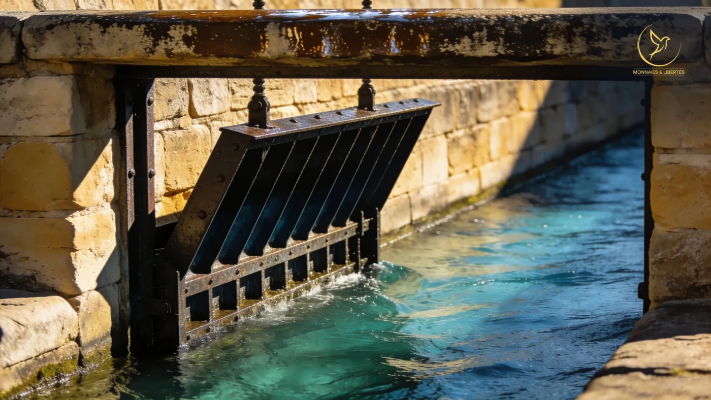 Livret A : la vanne qui laisse passer l’épargne Vanne de fonte relevée dans un canal de pierre, l'eau claire passe dessous et poursuit sa course entre les murs de calcaire, lumière de fin d'après-midi