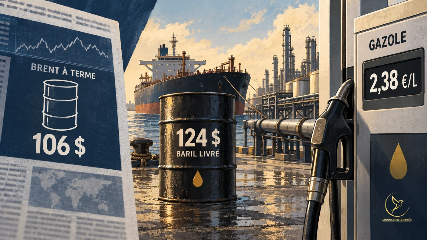 À gauche, une page de journal financier bleue porte un baril dessiné, « BRENT À TERME » et « 106 $ » ; au centre, un baril noir sur un quai mouillé, « 124 $ BARIL LIVRÉ », devant un pétrolier à quai et une raffinerie ; à droite, une pompe affiche « GAZOLE 2,38 €/L ».