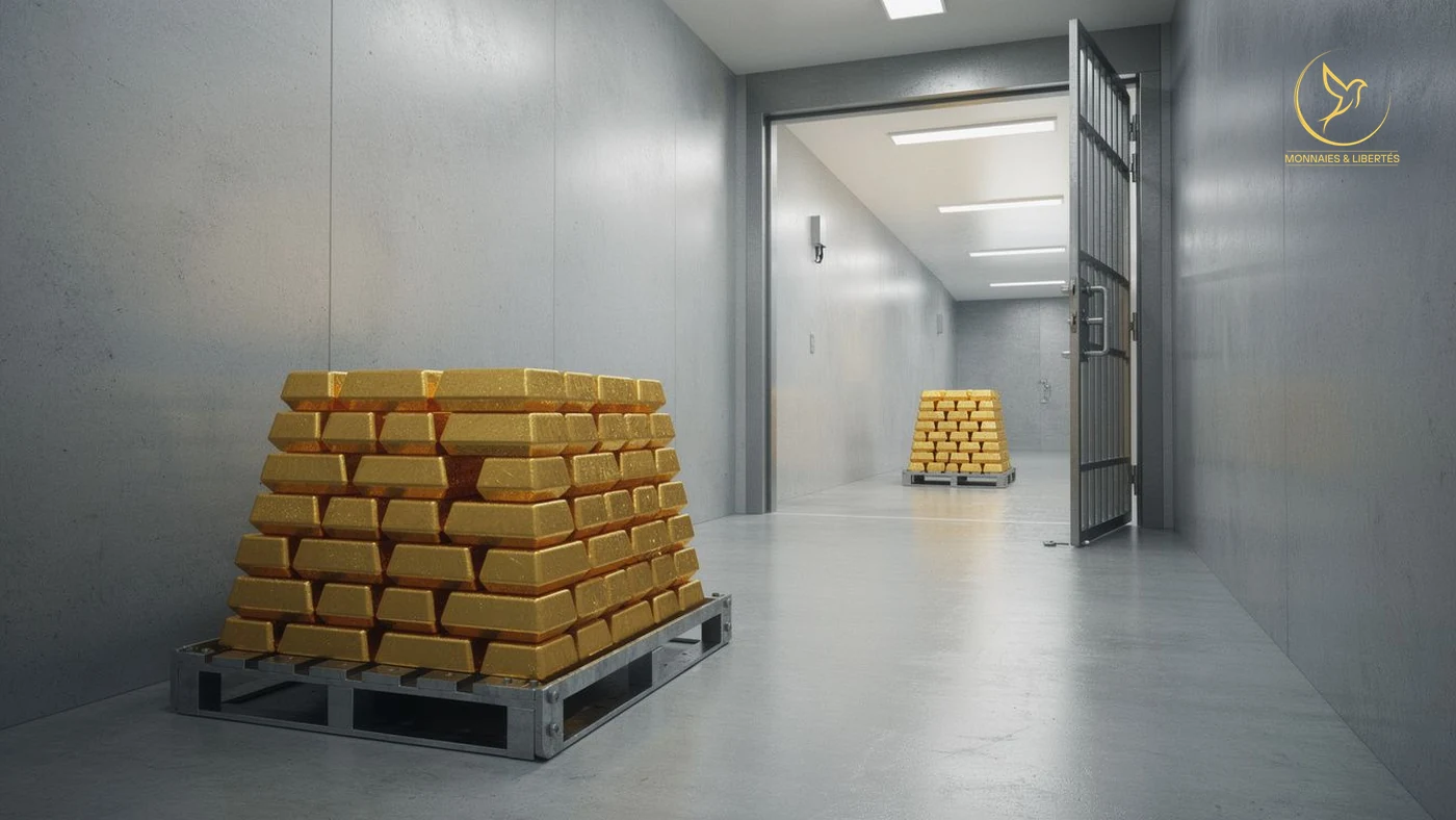 Deux piles identiques de lingots d'or sur palettes dans un couloir de chambre forte éclairé, la première au premier plan, la seconde au loin derrière une grille d'acier ouverte
