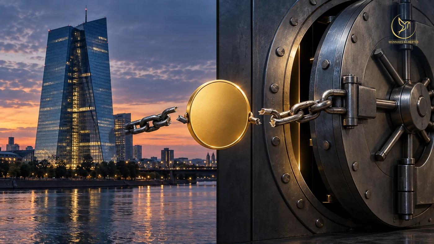 À gauche, la tour de verre de la Banque centrale européenne à Francfort au crépuscule, au bord du Main ; au centre, un jeton numérique doré ; à droite, la porte ronde d'un coffre de banque, la chaîne qui reliait le jeton au coffre rompue net