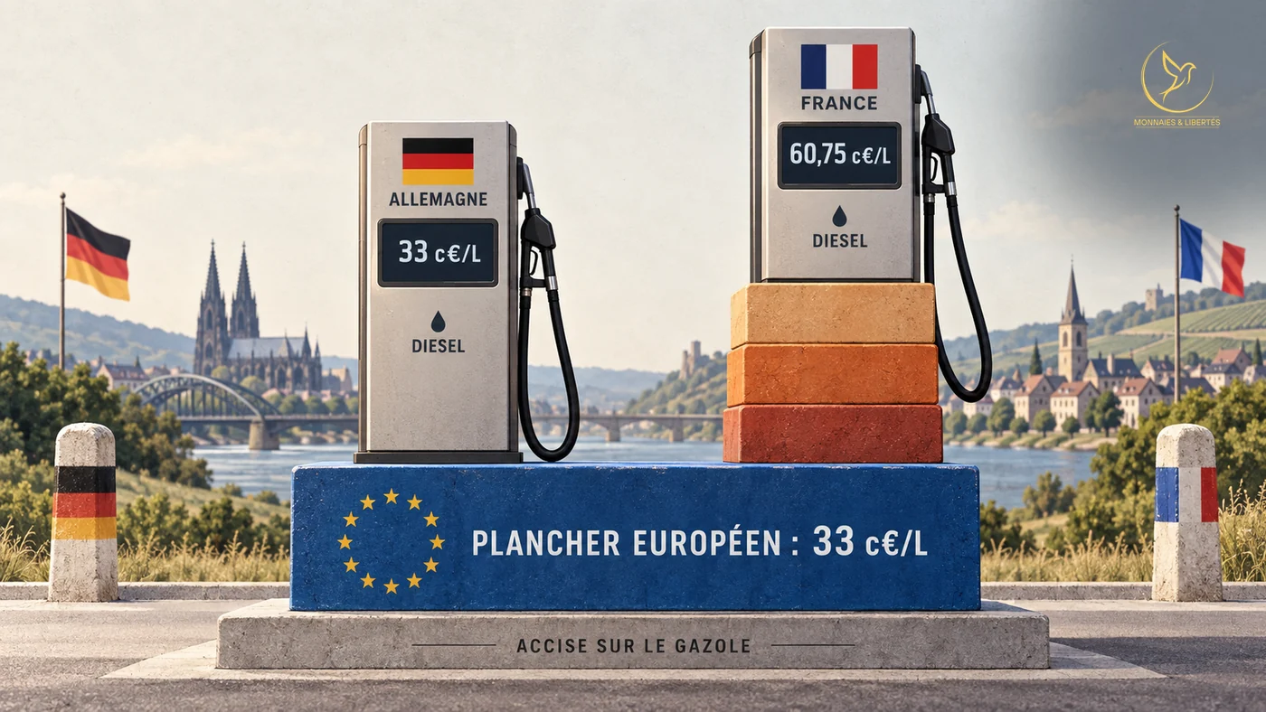 Deux pompes à gazole sur un socle bleu étoilé de l'Union européenne, devant une rivière frontalière : la pompe allemande posée à même le socle, la pompe française surélevée par trois briques. Texte lisible : « ALLEMAGNE 33 c€/L », « FRANCE 60,75 c€/L », « DIESEL », « PLANCHER EUROPÉEN : 33 c€/L », « ACCISE SUR LE GAZOLE ».