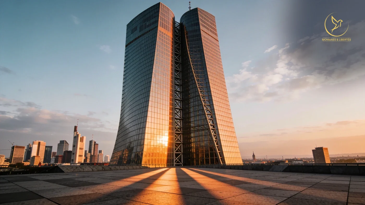 Tour de la Banque centrale européenne à Francfort en fin de journée, double façade de verre incurvée éclairée par le soleil, esplanade et skyline bancaire en arrière-plan.