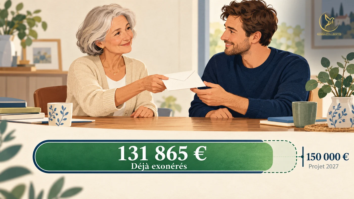 Illustration : une mère aux cheveux gris tend une enveloppe à son fils trentenaire, assis face à elle à une table de cuisine claire ; en bas, une jauge verte presque pleine. Texte de l'image : 131 865 €, Déjà exonérés, 150 000 €, Projet 2027.