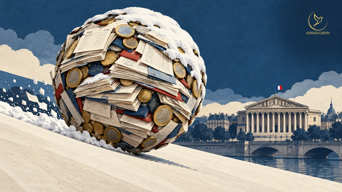 Illustration : une boule géante de pièces d'euro, de liasses de papiers et de chemises bleues et rouges, couverte de neige, dévale une pente claire ; au fond, sous un ciel bleu nuit, l'Assemblée nationale et son drapeau français au bord de la Seine. Aucun texte lisible, hors la valeur des pièces.