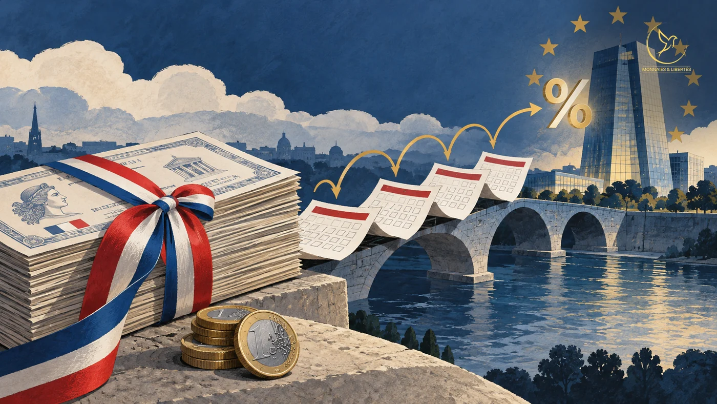 Liasse de titres de dette nouée d'un ruban bleu, blanc, rouge et pièces d'un euro sur un parapet ; des feuilles de calendrier sautent l'une après l'autre au-dessus d'un pont vers un symbole % doré, devant la tour de la Banque centrale européenne entourée d'étoiles européennes. Seul élément lisible : le symbole %.