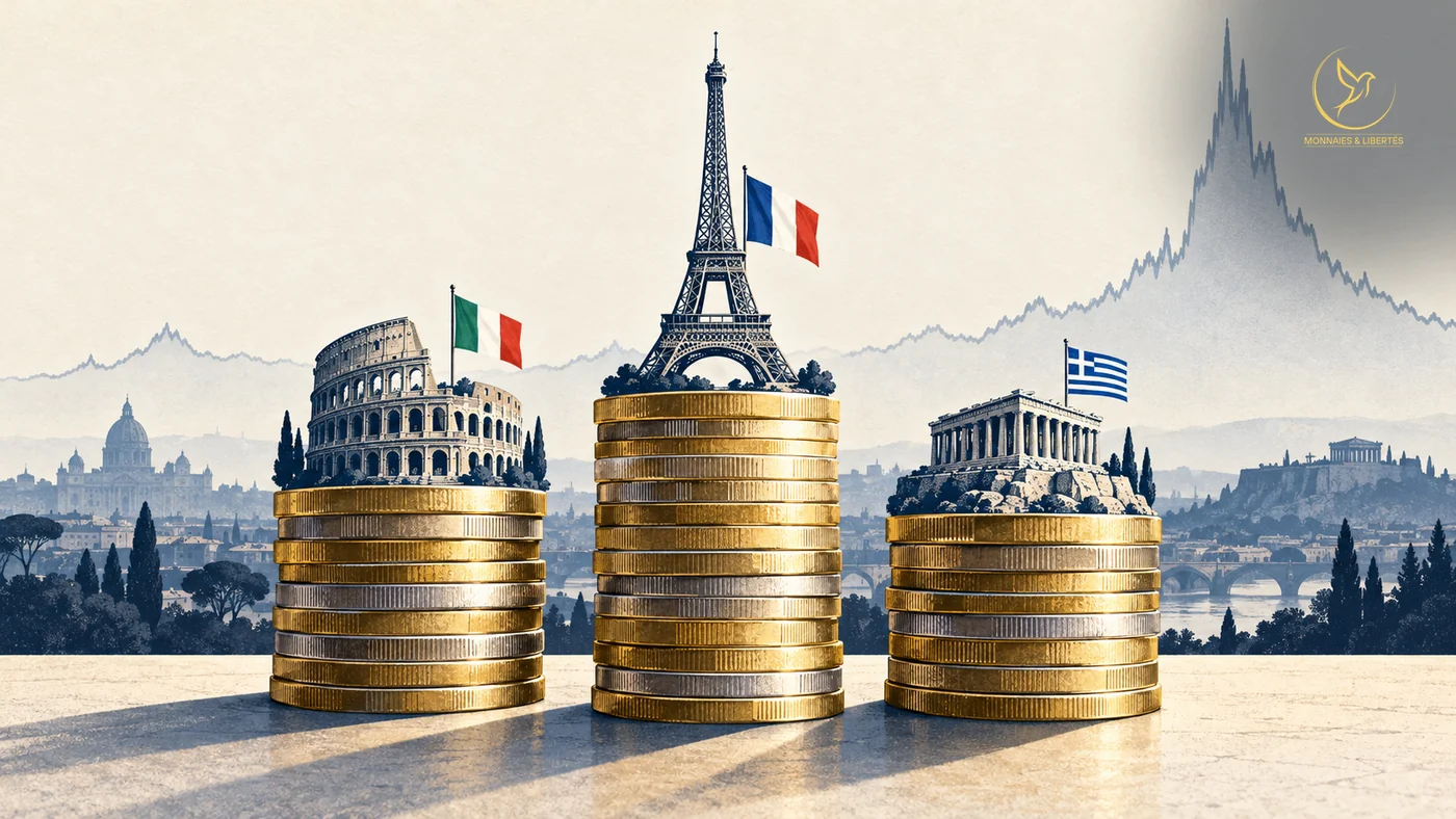 Illustration : trois piles de pièces dorées et argentées sur une terrasse claire, surmontées du Colisée et du drapeau italien, de la tour Eiffel et du drapeau français, du Parthénon et du drapeau grec ; la pile française est la plus haute ; derrière la Grèce, une courbe de marché s'élève en un pic très au-dessus des trois piles. L'image ne porte aucun texte ni chiffre.