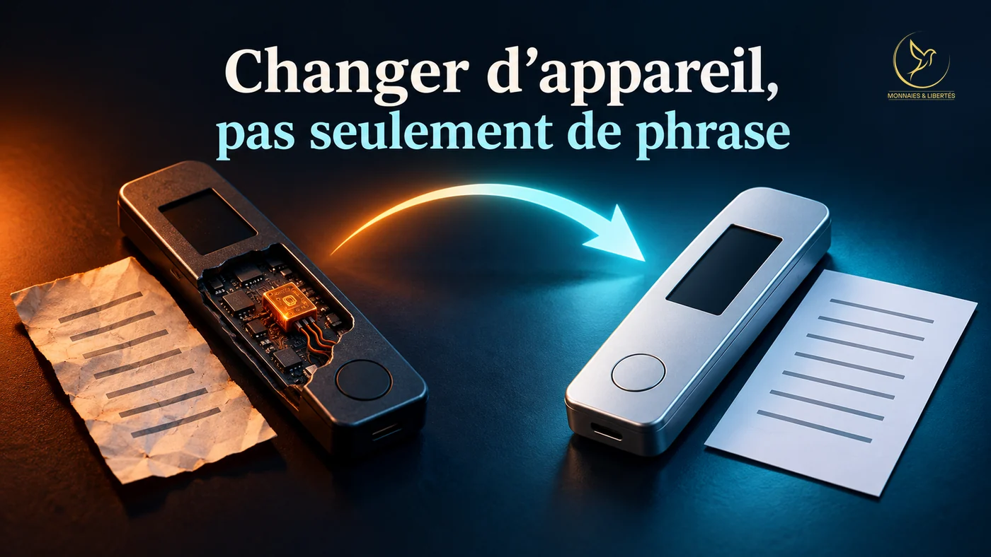 Ledger et CryptoBilis : pourquoi changer d’appareil, pas seulement de phrase À gauche, un portefeuille matériel générique sombre, à la coque ouverte sur une puce orange câblée, à côté d'une feuille de récupération froissée ; une flèche lumineuse mène à droite vers un boîtier neuf argenté et une feuille blanche. Texte de l'image : « Changer d'appareil, pas seulement de phrase ».