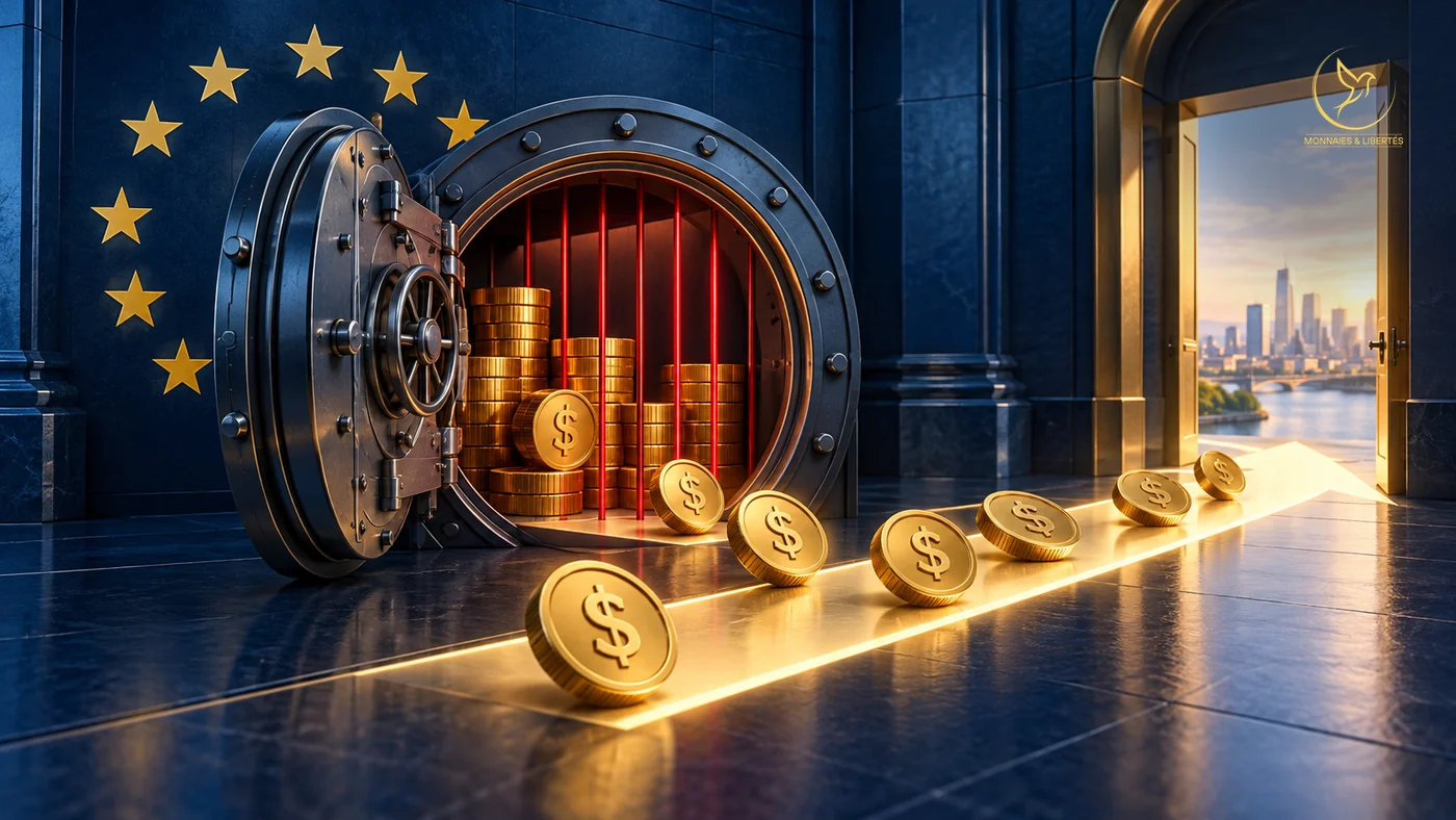 Illustration : une chambre forte aux étoiles européennes, ouverte, dont l'intérieur est barré de lignes rouges ; des pièces génériques marquées du signe du dollar en sortent en file sur un chemin lumineux vers une porte ouverte. L'image ne porte aucun texte.