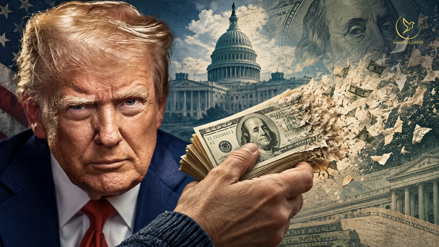 Portrait de Donald Trump, président des États-Unis, au regard grave, devant le Capitole ; à droite, une main de prêteur tient une liasse de billets de cent dollars qui s'effrite en poussière. Aucun texte lisible hors des inscriptions des billets.